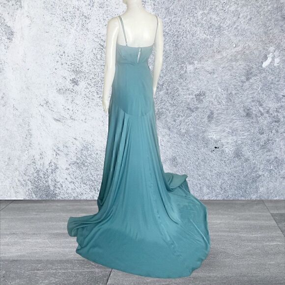 Fame‎ & Partners Teal Sleeveless Spaghetti Strap Satin Gown - Picture 4 of 8